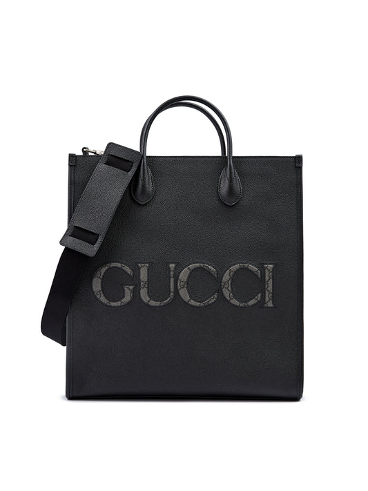 GUCCI Sac fourre-tout moyen en cuir noir avec logo